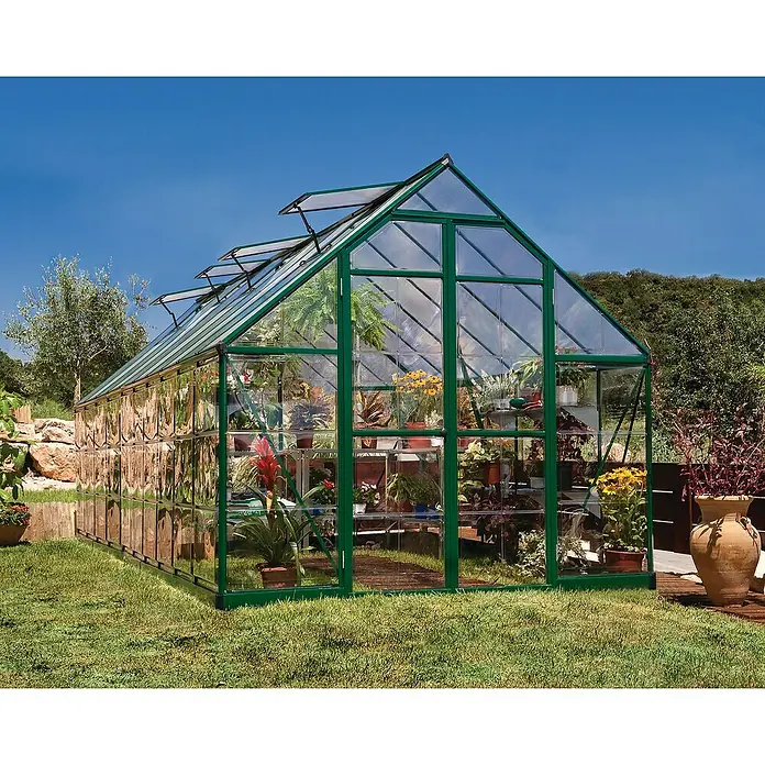 Palram – Canopia Invernadero Balance - Medidas ext. (An x Pr): 244 x 607 cm, 0,7 mm, Verde - Un invernadero espacioso lleno de plantas y flores. El invernadero ofrece un amplio espacio para el cultivo de plantas.