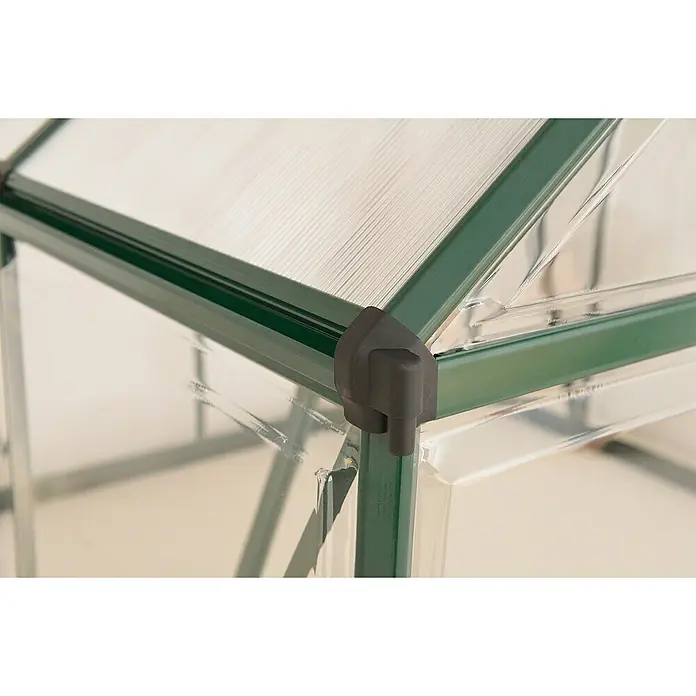 Palram – Canopia Invernadero Balance - Medidas ext. (An x Pr): 244 x 607 cm, 0,7 mm, Verde - Primer plano de una estructura de invernadero verde, con paneles transparentes y un conector de esquina negro.
