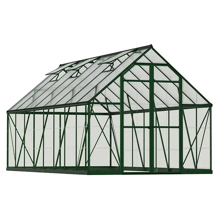 Palram – Canopia Invernadero Balance - Medidas ext. (An x Pr): 244 x 487 cm, 0,7 mm, Verde - Una estructura de invernadero verde con paneles transparentes y múltiples respiraderos de techo, que proporciona un entorno ideal para las plantas.
