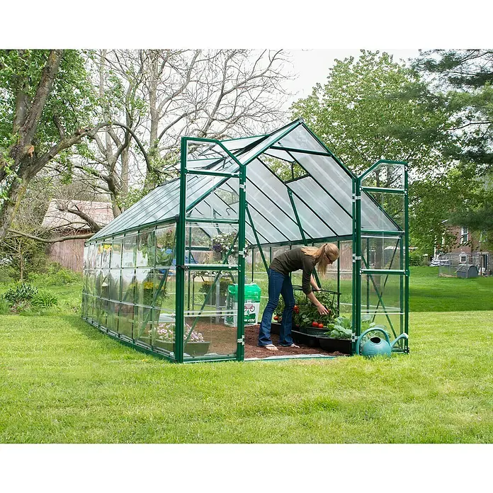 Palram – Canopia Invernadero Balance - Medidas ext. (An x Pr): 244 x 487 cm, 0,7 mm, Verde - Una mujer trabaja en el invernadero, cuidando sus plantas. El invernadero proporciona refugio y condiciones óptimas para el crecimiento.