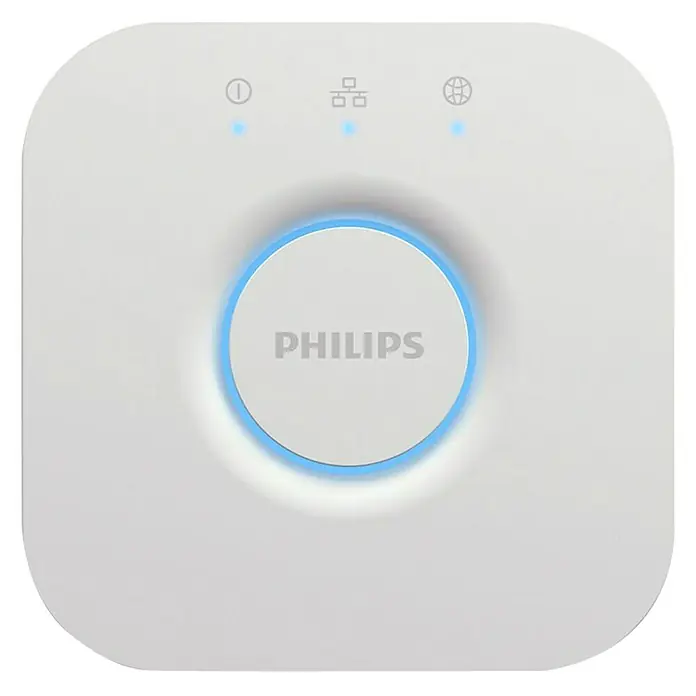 Philips Hue Steuerzentrale Bridge - Passend für: Philips Hue System, L x B x H: 2,6 x 8 x 8 cm - Nahaufnahme der Philips Hue Bridge, einem Smart Home Hub, der die Steuerung intelligenter Beleuchtung und Geräte ermöglicht.