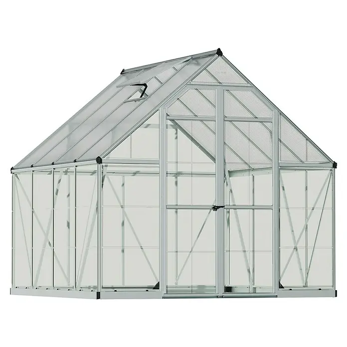 Palram – Canopia Invernadero Balance - Medidas ext. (An x Pr): 244 x 247 cm, 0,7 mm, Plateado - Un invernadero moderno con un marco robusto y paneles transparentes, ideal para los amantes de la jardinería.
