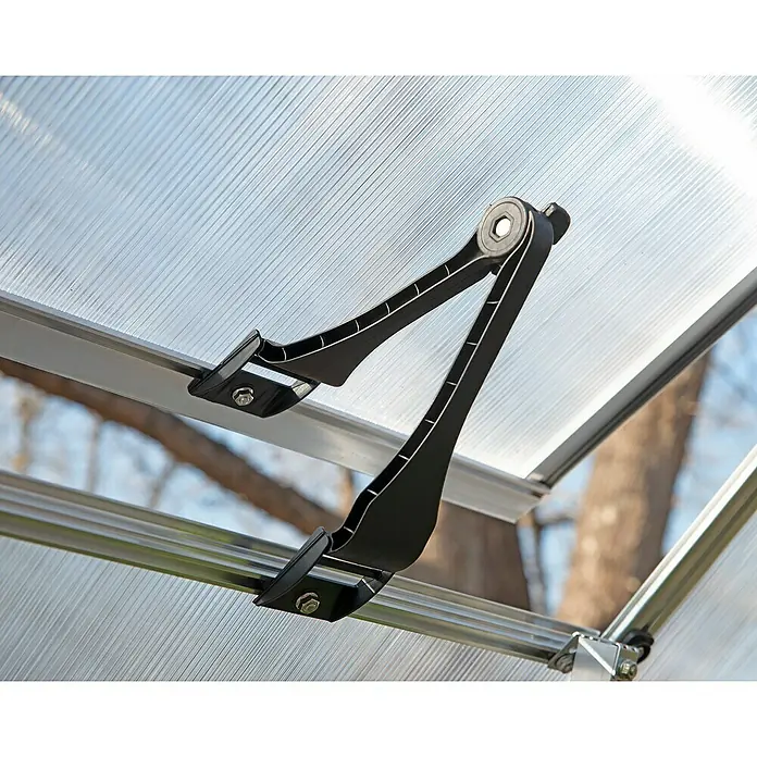 Palram – Canopia Gewächshaus Hybrid - Außenmaß inkl. Dachüberstand (B x T): 185 x 248 cm, Silber, Grundfläche: 4,6 m² - Nahaufnahme des automatischen Fensteröffners eines Gewächshauses, der für optimale Belüftung sorgt. Solide Konstruktion für zuverlässige Funktion.