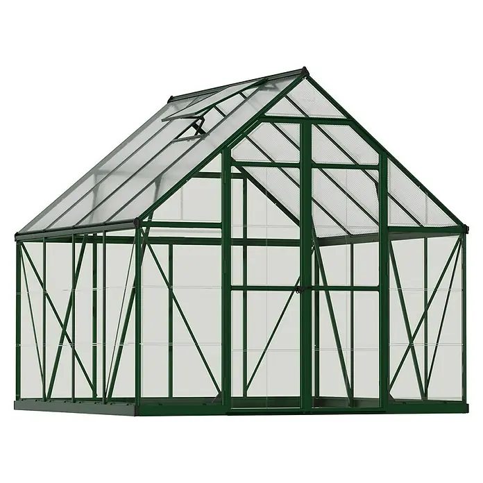Palram – Canopia Invernadero Balance - Medidas ext. (An x Pr): 244 x 247 cm, 0,7 mm, Verde - Un invernadero verde con paredes transparentes y una ventana en el techo, ideal para jardinería.
