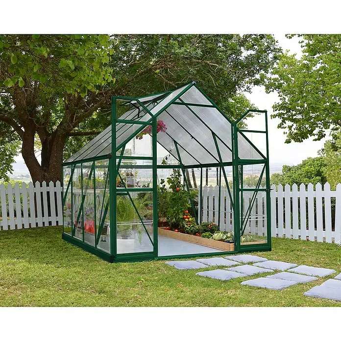 Palram – Canopia Invernadero Balance - Medidas ext. (An x Pr): 244 x 247 cm, 0,7 mm, Verde - Un espacioso invernadero en un jardín, rodeado de una valla blanca y exuberante vegetación. Perfecto para los entusiastas de la jardinería.