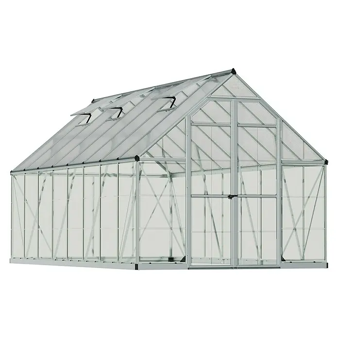 Palram – Canopia Invernadero Balance - Medidas ext. (An x Pr): 244 x 487 cm, 0,7 mm, Plateado - Un invernadero grande e independiente con múltiples ventanas y una puerta, ideal para jardinería.
