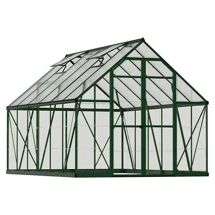Palram – Canopia Invernadero Balance - Medidas ext. (An x Pr): 244 x 367 cm, 0,7 mm, Verde - Esta imagen muestra un invernadero con estructura metálica verde y paredes transparentes, ideal para jardinería y cultivo de plantas en exterior.
