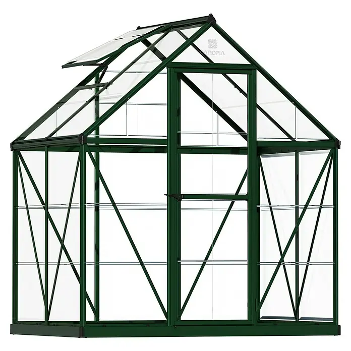 Palram – Canopia Gewächshaus Harmony - Außenmaß inkl. Dachüberstand (B x T): 185 x 126 cm, Grün, Grundfläche: 2,3 m² - Ein detailreiches Bild eines grünen Gewächshauses, das die robuste Bauweise und das klare Design hervorhebt. Ideal für den Garten.