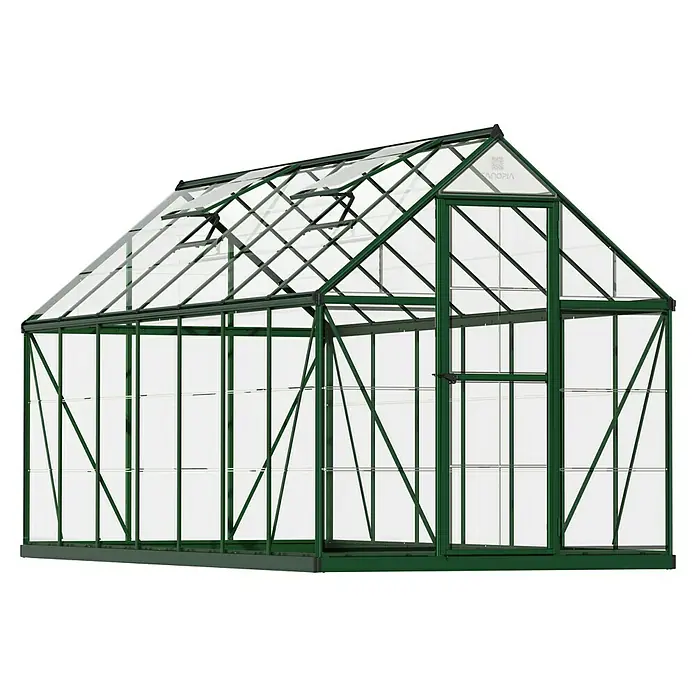 Palram – Canopia Gewächshaus Harmony - Außenmaß inkl. Dachüberstand (B x T): 185 x 426 cm, Grün, Grundfläche: 7,9 m² - Dargestellt ist ein Gewächshaus mit Metallrahmen und Glaspaneelen, das für den Gartenbau konzipiert ist. Es hat Dachfenster zur Belüftung.