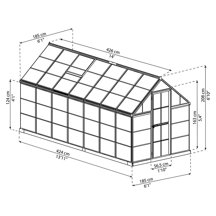 Palram – Canopia Invernadero Harmony - Medidas ext. (An x Pr): 185 x 426 cm, Plateado, Área: 7,9 m² - Ilustración de un invernadero con dimensiones en centímetros y pies.