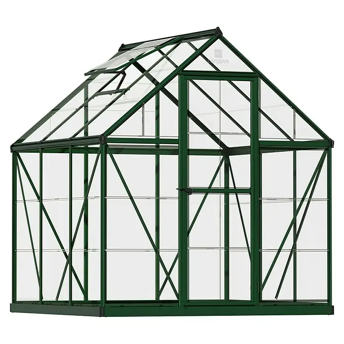 Palram – Canopia Gewächshaus Harmony - Außenmaß inkl. Dachüberstand (B x T): 185 x 186 cm, Grün, Grundfläche: 3,5 m² - Ein grünes Gewächshaus mit Glaspaneelen und einem offenen Fenster für optimale Belüftung. Ideal für den Garten.