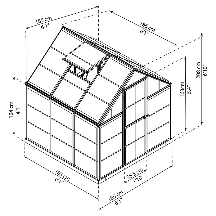 Palram – Canopia Invernadero Harmony - Medidas ext. (An x Pr): 185 x 186 cm, Verde, Área: 3,5 m² - Un dibujo en perspectiva de un invernadero, que muestra las dimensiones de altura, anchura y profundidad en centímetros y pies.