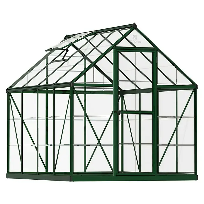 Palram – Canopia Gewächshaus Harmony - Außenmaß inkl. Dachüberstand (B x T): 185 x 247 cm, Grün, Grundfläche: 4,6 m² - Ein detailreiches Bild eines grünen Gewächshauses mit Glaswänden und einem Giebeldach, das für den Gartenbau entworfen wurde.