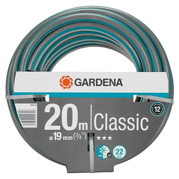 Gardena Classic Gartenschlauch - Länge: 20 m, Schlauchdurchmesser: 19 mm, Berstdruck: 22 bar - Eine 20 Meter lange Gardena Classic Gartenschlauchrolle mit einem Durchmesser von 19 mm, ideal für die Gartenbewässerung.