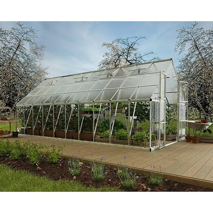 Palram – Canopia Invernadero Balance - Medidas ext. (An x Pr): 304 x 604 cm, 0,7 mm, Plateado - Invernadero en un jardín. El invernadero tiene techo y paredes transparentes, con plantas dentro y un paseo de madera delante.