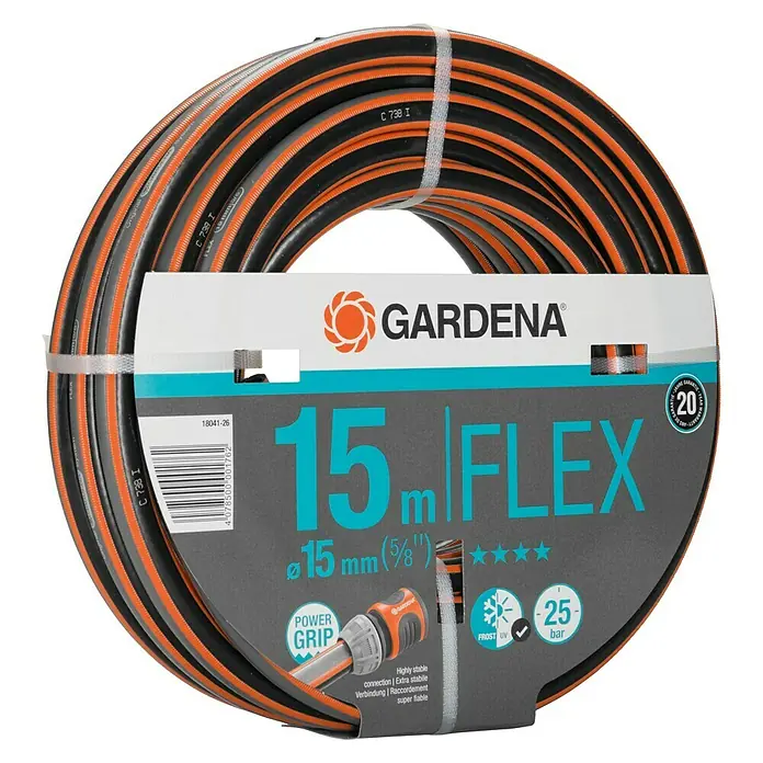 Gardena Manguera para jardín - Ø x L: 15 mm x 15 m - Un rollo de manguera de jardín GARDENA FLEX de 15 metros con rayas naranjas, resistente a las heladas y a los rayos UV.