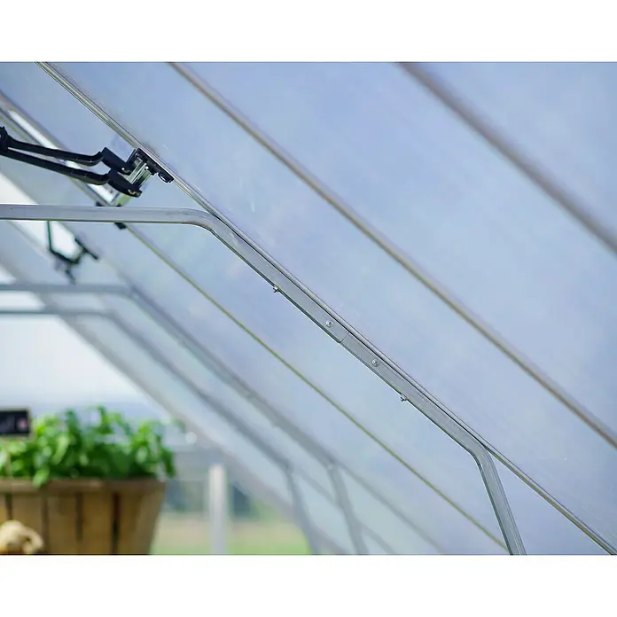 Palram – Canopia Invernadero Balance - Medidas ext. (An x Pr): 304 x 964 cm, 0,7 mm, Plateado - Primer plano de las ventanas del techo de un invernadero. Las ventanas son de material transparente y tienen marcos metálicos.