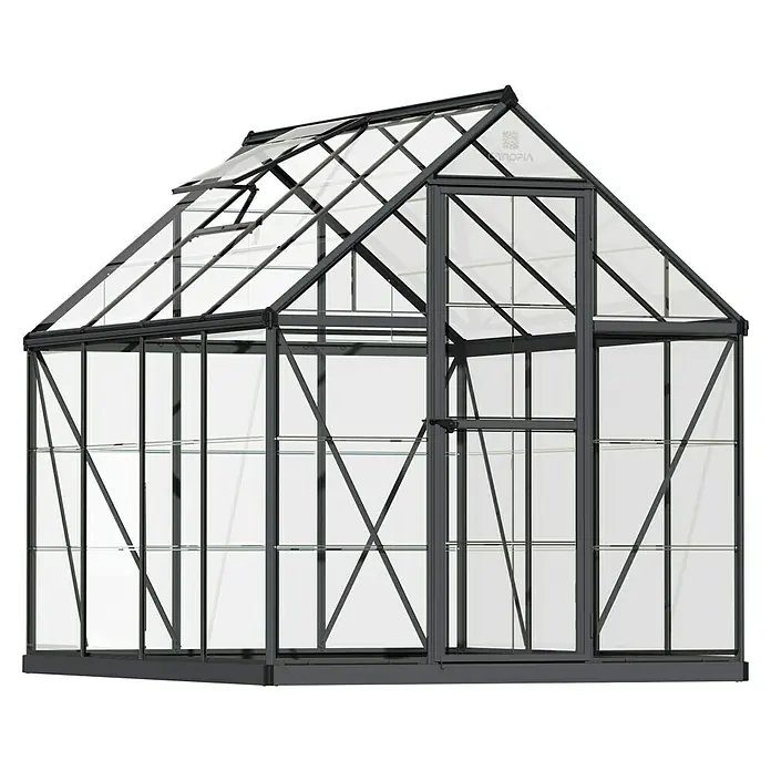 Palram – Canopia Invernadero Harmony - Medidas ext. (An x Pr): 185 x 247 cm, Gris, Área: 4,6 m² - Primer plano de un invernadero negro con paneles de vidrio y una claraboya.