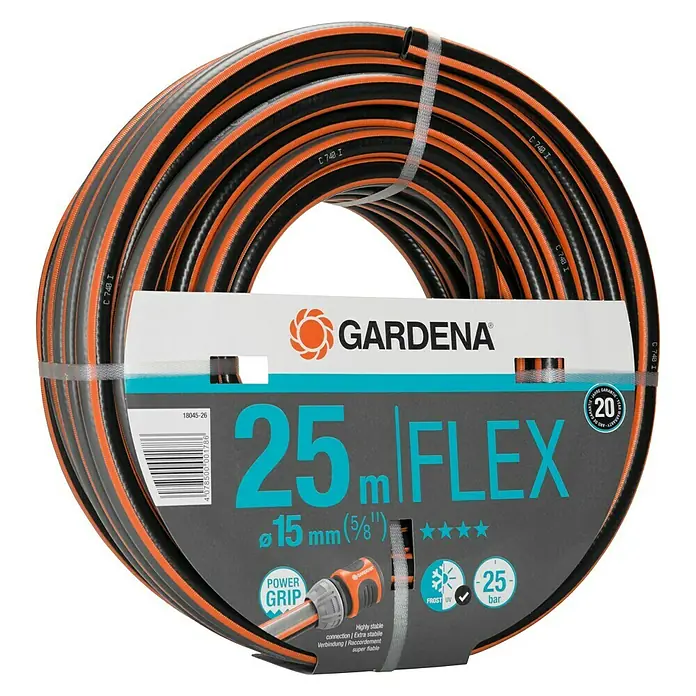Gardena Manguera para jardín - Ø x L: 15 mm x 25 m - Imagen de un rollo de manguera de jardín Gardena de 25 metros, destacando la flexibilidad y resistencia a las heladas.