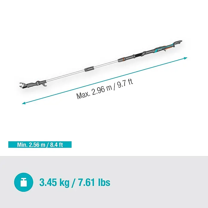 Gardena Power for All 18V Baumschere HighCut - 18 V, Ohne Akku, Max. Aststärke: 28 mm, Länge: 255,7 cm - Abbildung einer Gardena Astschere mit Teleskopstiel, die eine Reichweite von bis zu 2,96 m und ein Gewicht von 3,45 kg hat.