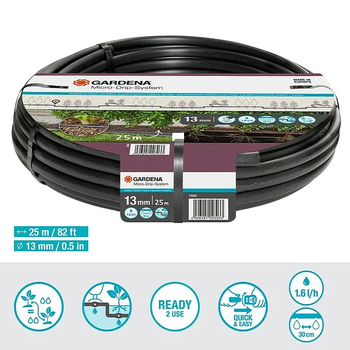 Gardena Micro-Drip Tropfrohr - Schlauchlänge: 25 m, 1,6 l/h - Gardena Micro-Drip-System Tropfschlauch, 13mm Durchmesser, 25m Länge. Ideal zur Bewässerung von Pflanzenreihen und Beeten, für ober- und unterirdische Anwendung.