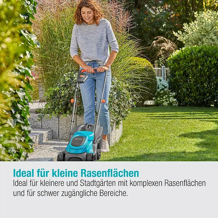 Gardena Power for All 18V Akku-Rasenmäher - 18 V, Ohne Akku, 4 Ah, Schnittbreite: 30 cm - Eine Frau mäht den Rasen mit einem blaugrünen Rasenmäher. Ideal für kleine Rasenflächen und schwer zugängliche Bereiche.