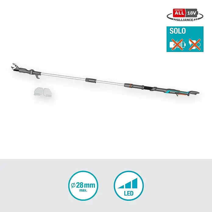 Gardena Power for All 18V Baumschere HighCut - 18 V, Ohne Akku, Max. Aststärke: 28 mm, Länge: 255,7 cm - Die Gardena Akku-Astschere mit Stiel ist ideal zum Schneiden hoher Äste. Sie ist leicht und einfach zu bedienen.