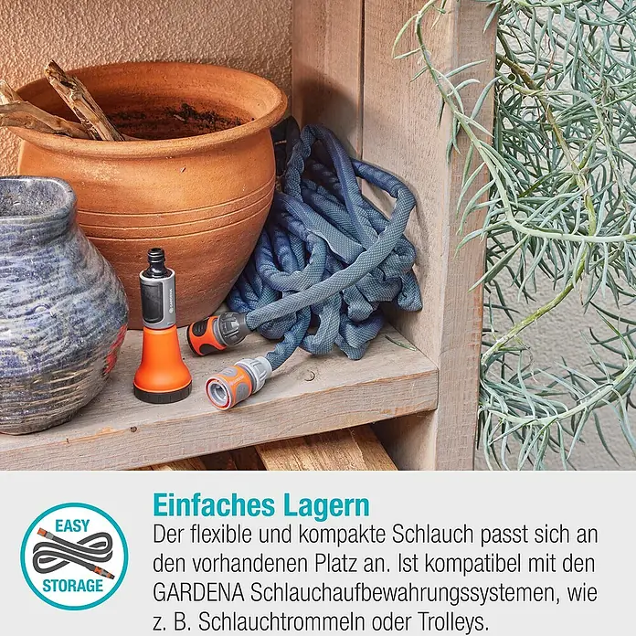 Gardena Gartenschlauch Liano Xtreme Set - Schlauch, Wasserstop, Schlauchverbinder, 2x Hahnverbinder, Bewässerungsbrause - Schlauchaufbewahrung: Der flexible Gardena Schlauch passt sich jedem Platz an und ist kompatibel mit Gardena Aufbewahrungssystemen.