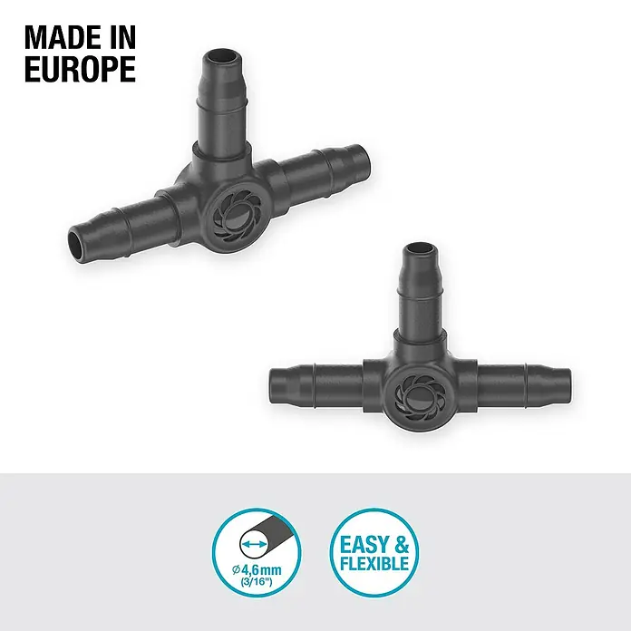 Gardena Micro-Drip T-Stück - 3/16" x 4,6 mm, 10 Stk. - Das Bild zeigt zwei schwarze T-Stücke für Bewässerungssysteme, hergestellt in Europa, mit einem Durchmesser von 4,6 mm und flexibler Beschaffenheit.