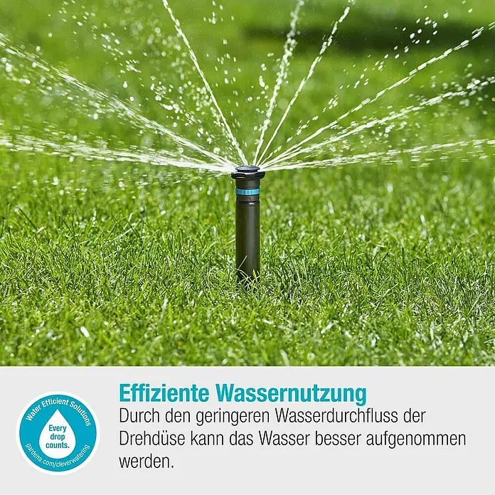 Gardena Sprinklersystem Turbinenversenkregner MD40 - Max. Regnerfläche: 40 m², Rasenbewässerung - Bild einer Sprinkleranlage, die Wasser auf einen Rasen sprüht, mit dem Fokus auf effiziente Wassernutzung.