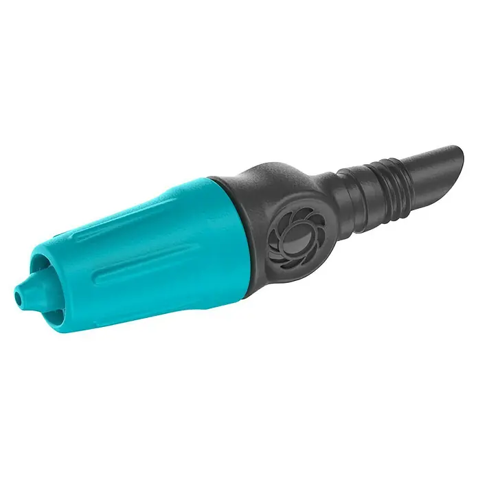 Gardena Micro-Drip Regulierbarer Endtropfer - 10 Stk., Max. Wasserdurchfluss: 15 l/h - Nahaufnahme einer aqua und grauen Gartenausrüstung, die sich ideal zur Steuerung des Wasserflusses beim Gießen von Pflanzen eignet.