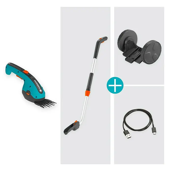 Gardena ClassicCut Akku-Gras- & Strauchschere Li Set - 3,6 V, Li-Ionen, 1 Akku, Schwertbreite: 8 cm - Bild eines Gardena Akku-Grasschneiders mit Zubehör: Teleskopstiel, Räder und Ladekabel für flexible Gartenarbeit.