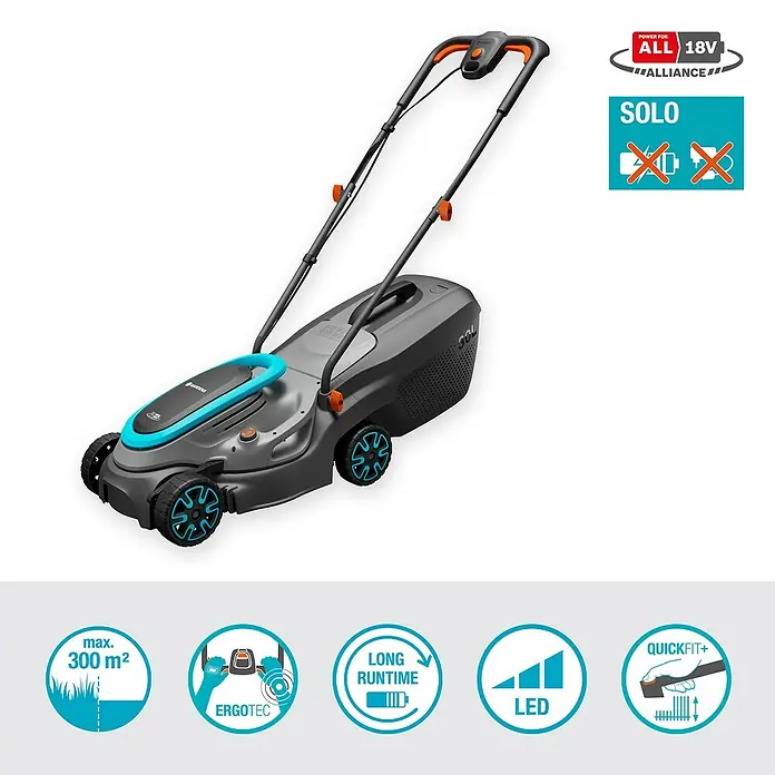 Gardena Power for All 18V Akku-Rasenmäher PowerMax 32/18V - 18 V, Ohne Akku, Schnittbreite: 32 cm - Das Bild zeigt einen Gardena Akku-Rasenmäher Solo, ideal für Gärten bis 300 m². Kompakt, leicht und benutzerfreundlich für perfekte Rasenpflege.