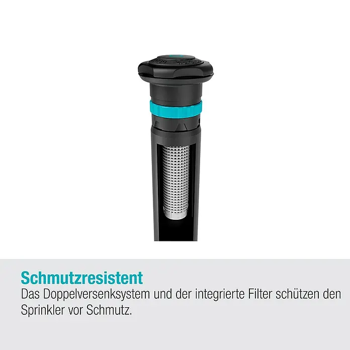 Gardena Sprinklersystem Turbinenversenkregner Pop-up MD40/300 - Max. Regnerfläche: 40 m², Rasenbewässerung - Bild eines versenkregners mit Doppelfilterung, der zuverlässig vor Verschmutzung schützt und die Lebensdauer verlängert.