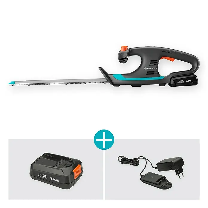 Gardena Power for All 18V Akku-Heckenschere EasyCut - 18 V, Li-Ionen, 1 Akku - Das Bild zeigt eine Gardena Akku-Heckenschere mit Akku und Ladegerät. Ideal für kabelloses und müheloses Trimmen von Hecken.