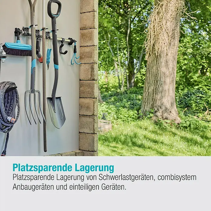 Gardena Halterung Plus - Traglast: 10 kg - Gartenwerkzeuge ordentlich verstaut. Die Gerätehalterung bietet eine platzsparende Aufbewahrung von Gartengeräten aller Art, für Ordnung im Garten.