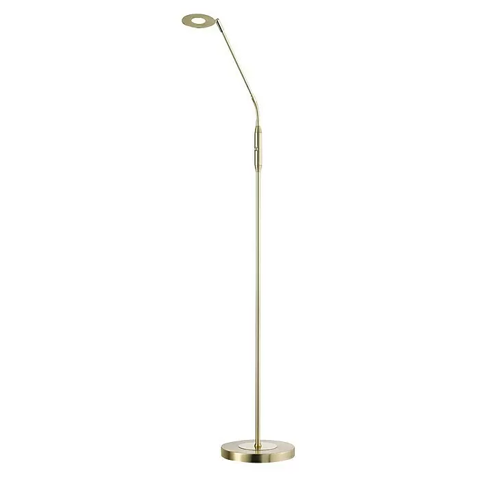 Fischer & Honsel Dent LED-Stehleuchte - 6 W, Höhe: 150 cm, Messing, Mehrfarbig, 1 Stk. - Goldene minimalistische LED-Stehlampe mit dünnem Ständer, gebogenem Hals und flachem Rundkopf auf einem runden Sockel.