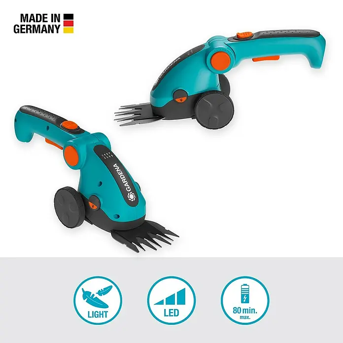 Gardena ComfortCut Akku-Grasschere Li Set - 3,6 V, 1 Akku, Schwertbreite: 8 cm - Abbildung von zwei GARDENA Akku-Grasscheren, die sich durch ihr geringes Gewicht, die LED-Anzeige und eine Laufzeit von bis zu 80 Minuten auszeichnen.