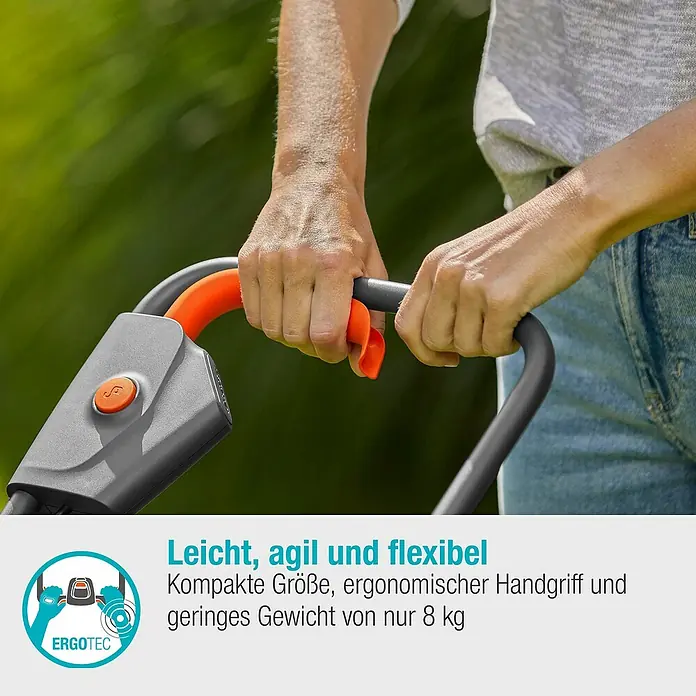 Gardena Power for All 18V Akku-Rasenmäher - 18 V, Ohne Akku, 4 Ah, Schnittbreite: 30 cm - Detailansicht eines Rasenmähers mit ergonomischem Griff und der Aufschrift "Leicht, agil und flexibel".