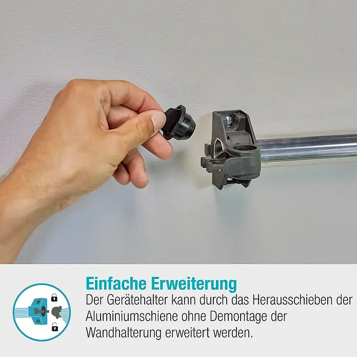 Gardena Halterung Plus - Traglast: 10 kg - Der Gerätehalter wird mit einem schwarzen Endstück montiert, um die Aluminiumschiene zu erweitern.