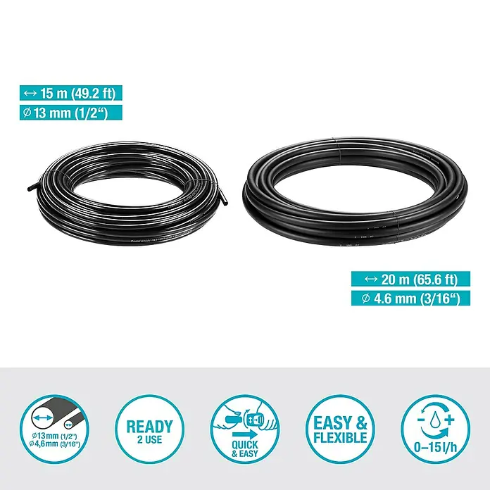 Gardena Micro-Drip Bewässerungs-Set Terrasse Start-Set - Passend für: Bis zu 30 Topfpflanzen - Abbildung von zwei schwarzen Bewässerungsschläuchen unterschiedlicher Größe und Länge.
