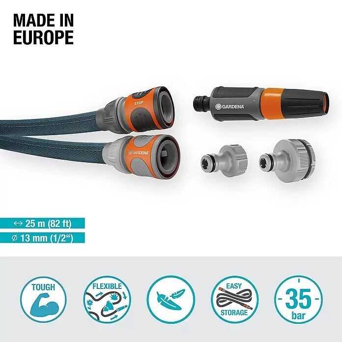 Gardena Manguera para jardín Liano Xtreme Set - ½″, Textil, 25 m - Manguera de jardín GARDENA azul, Made in Europe, con accesorios naranja y gris. 25m, 13mm, resistente, flexible, fácil de guardar, 35 bar.