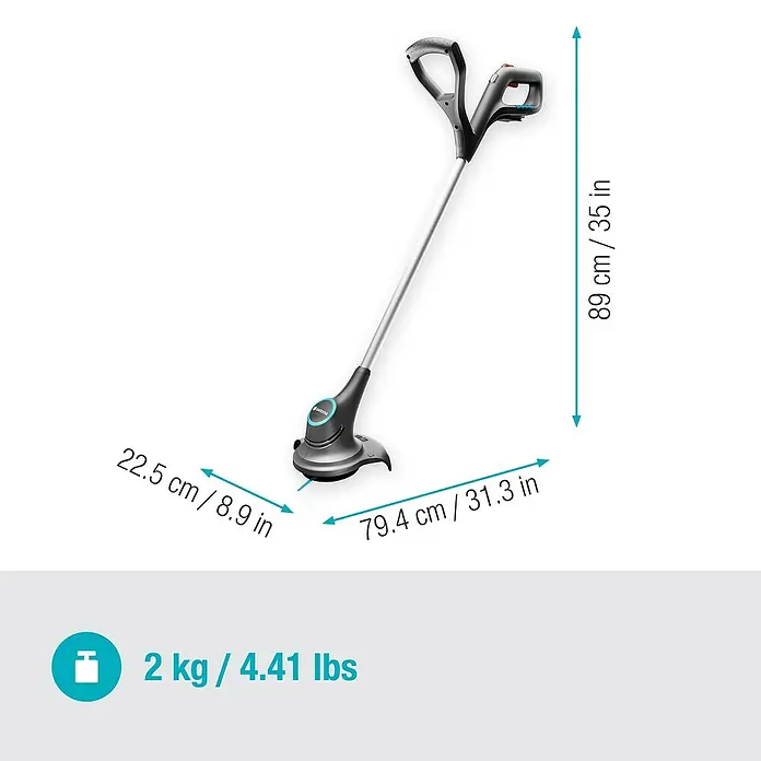Gardena Power for All 18V Akku-Rasentrimmer - 18 V, 2 Ah, Li-Ionen, Ohne Akku, Schnittbreite Messer: 23 cm - Abbildung eines Akku-Rasentrimmers mit Maßangaben zu Länge, Breite und Gewicht für den Online-Verkauf.
