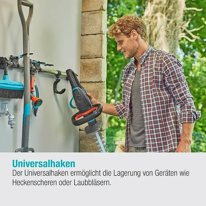 Gardena Halterung Plus - Traglast: 10 kg - Gardena Universalhaken zur Aufbewahrung von Gartengeräten wie Heckenscheren oder Laubbläsern. Praktische und platzsparende Lösung.