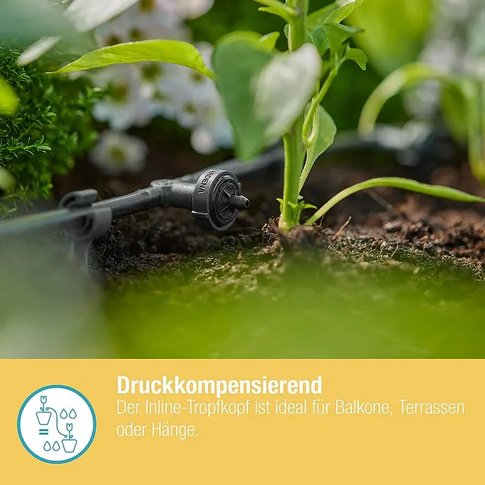 Gardena Micro-Drip Reihentropfer druckregulierend - 10 Stk. - Nahaufnahme eines GARDENA Inline-Tropfers, ideal für Balkone und Terrassen, mit Pflanzen im Hintergrund.