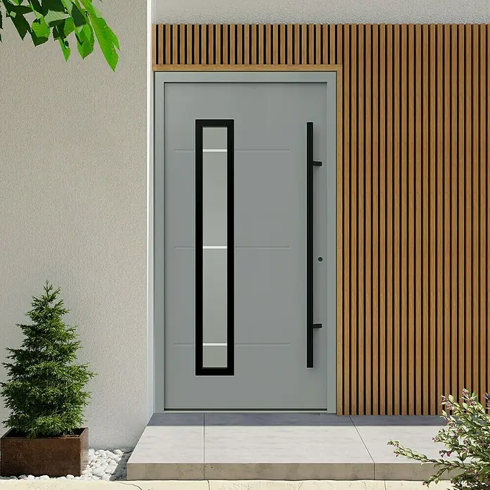 Gerda Haustür Thermo Prime 75 Garda - 110 x 210 cm, DIN Anschlag: Rechts, Grau, Schwarze Details - Moderne Haustür in Grau mit schwarzem Rahmen und Griff, stilvolles Design für einen einladenden Eingangsbereich.