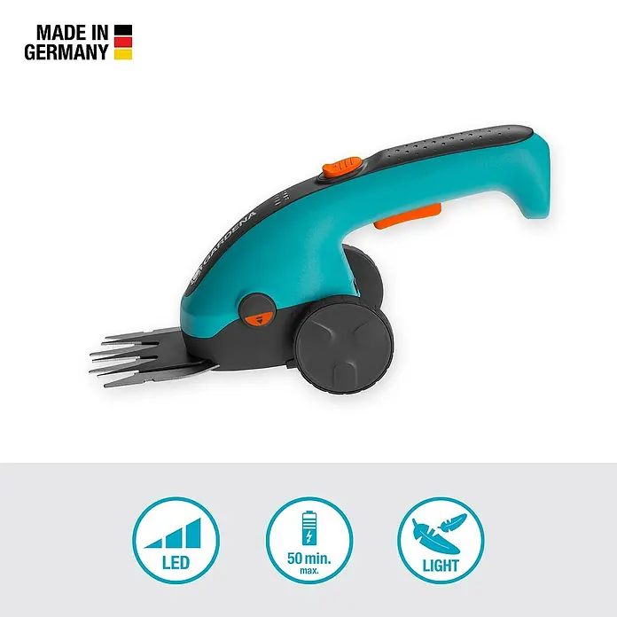 Gardena ClassicCut Akku-Gras- & Strauchschere Li Set - 3,6 V, Li-Ionen, 1 Akku, Schwertbreite: 8 cm - Bild einer Gardena Akku-Grasschere mit Akku-Laufzeit bis zu 50 Min., LED-Anzeige und geringem Gewicht.