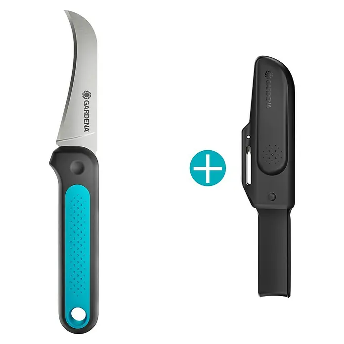 Gardena Erntemesser VeggieCut - Länge: 20,3 cm - Gardena Gartenmesser mit gebogener Klinge und schwarzem Griff mit blauer Einlage, inklusive Messerscheide für sichere Aufbewahrung.