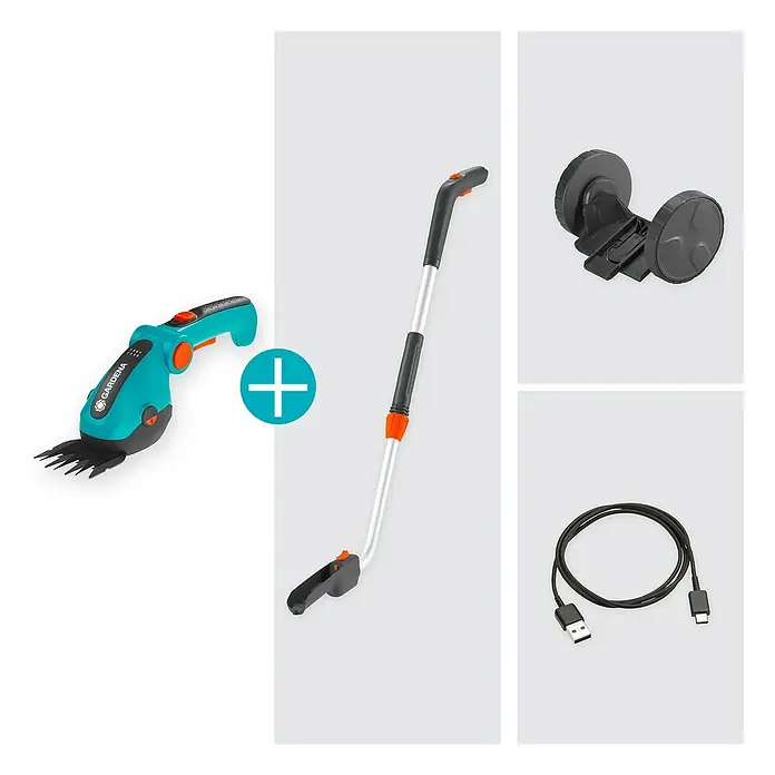 Gardena ComfortCut Akku-Grasschere Li Set - 3,6 V, 1 Akku, Schwertbreite: 8 cm - Gardena Akku-Grasschere Set: Enthält Grasschere, Teleskopstiel, Räder und USB-C-Ladekabel für komfortables und flexibles Trimmen von Rasenkanten.