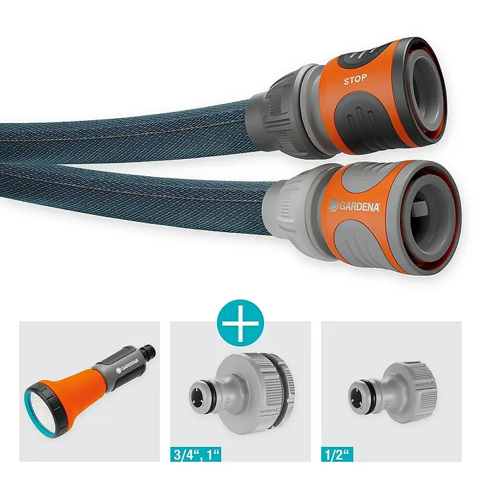 Gardena Gartenschlauch Liano Xtreme Set - Schlauch, Wasserstop, Schlauchverbinder, 2x Hahnverbinder, Bewässerungsbrause - Abbildung eines Gardena Gartenschlauch-Sets mit verschiedenen Anschlussstücken und einer Spritzdüse für vielseitige Gartenbewässerung.
